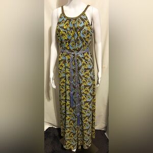 C. Sz S Floral Leaf Gold Beaded Neckline Flowy Maxi Dress Boho Chic Tropical